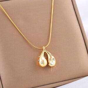 Gold Teardrop Pendant Necklace with Crystal Accents - Women Jewelry